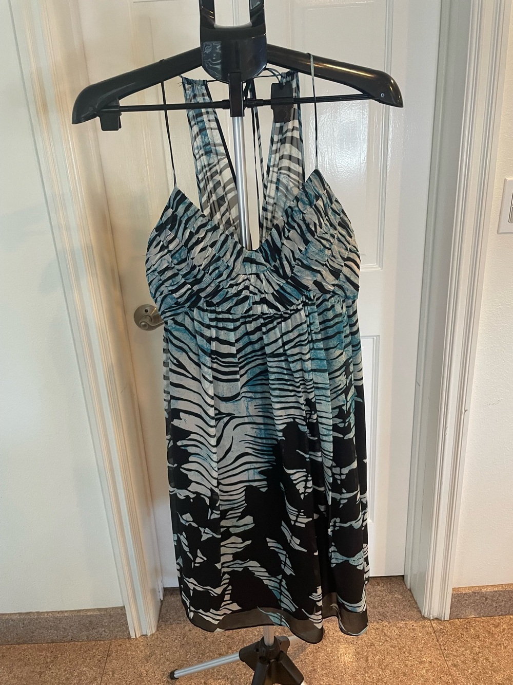 BCBG Paris Blue and Black One-Shoulder Patterned Dress